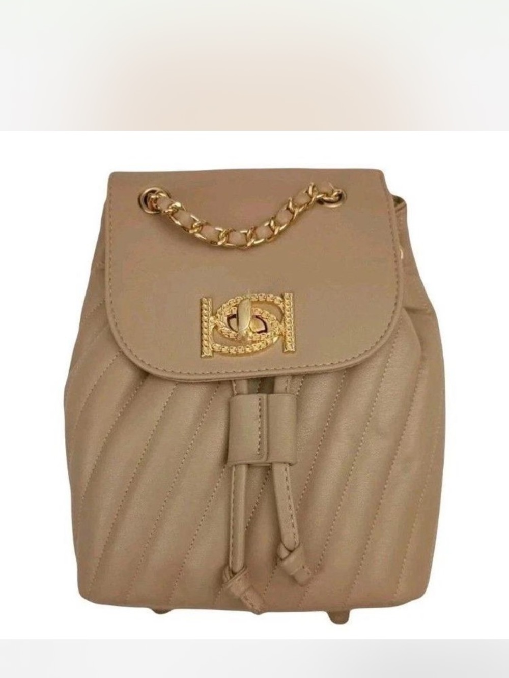 bebe Taupe Quilted Mini Backpack with Gold Chain Detail